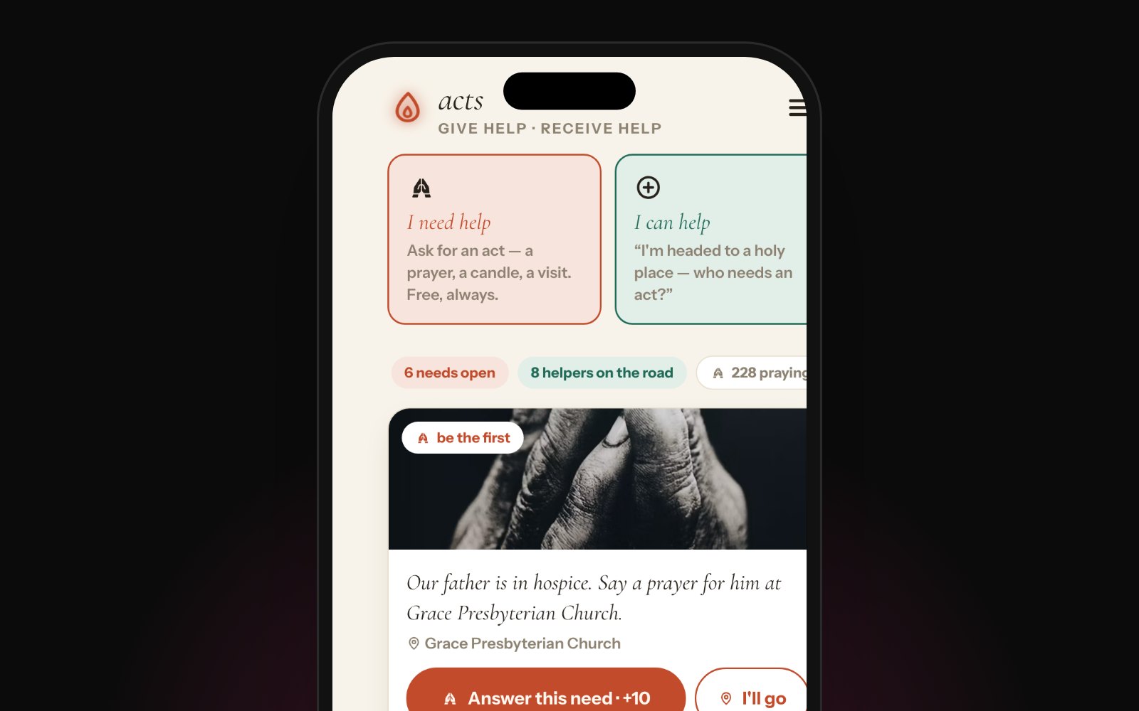 Acts, the current TestFlight build: home screen in the phone shell