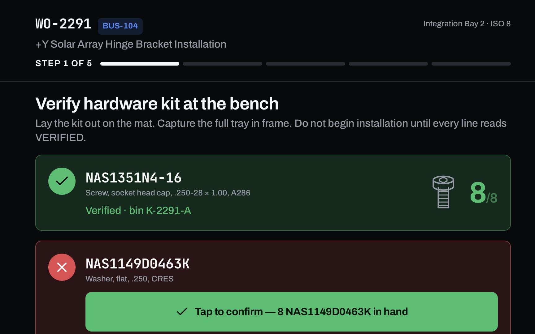 Bench traveler: verify hardware kit, the wrong washer caught at the bench